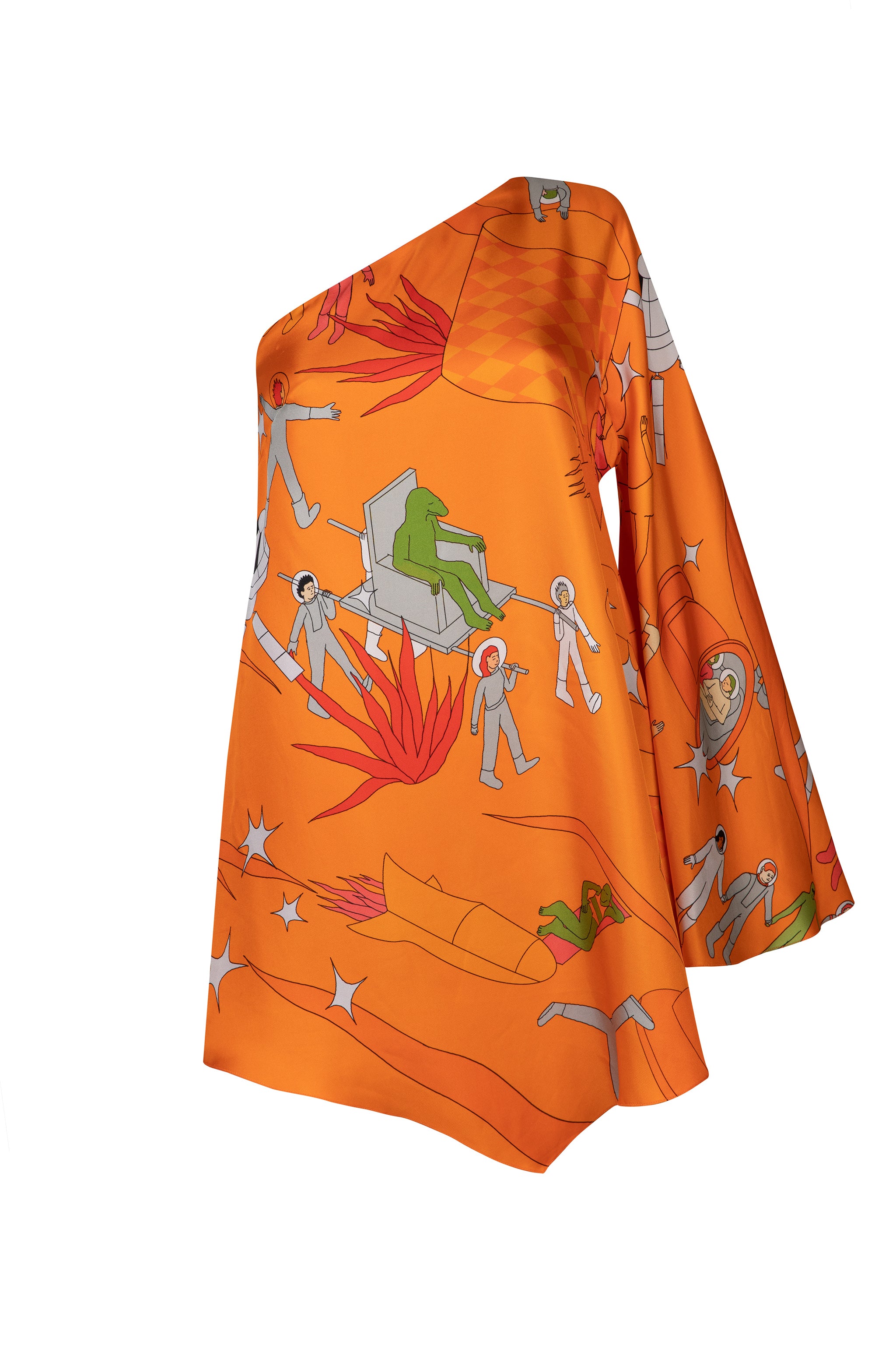One Shoulder Silk Orange Check Dress - Orange Multi