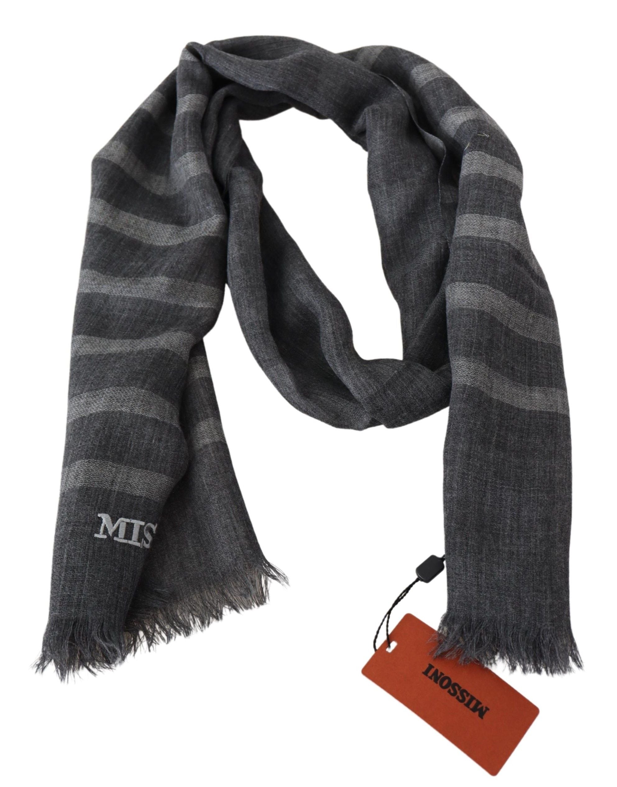 Missoni Gray Striped Wool Unisex Neck Wrap Fringes Scarf