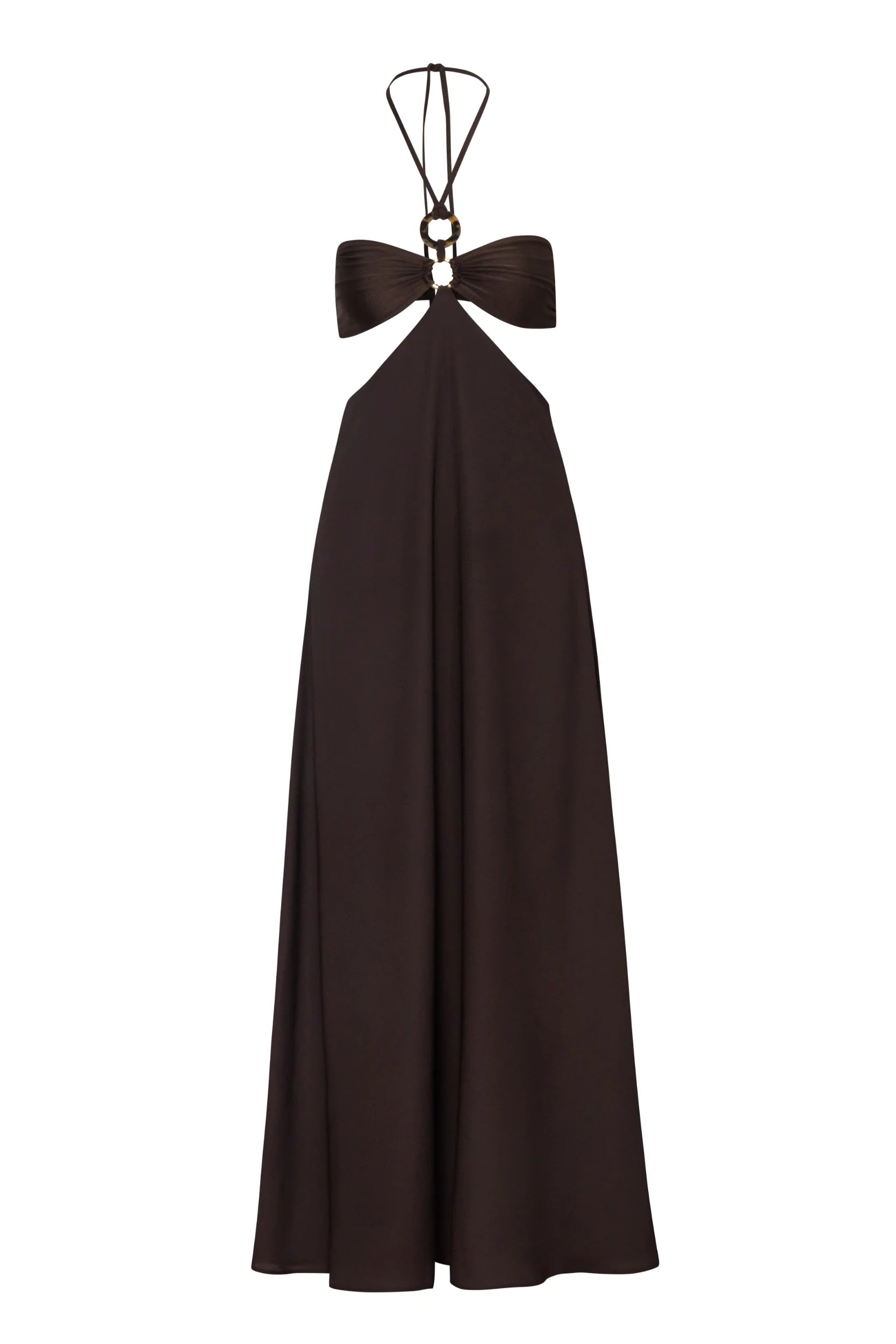 Mocha mane Yvon Dress, full front view with fluid fall and elegant silhouette.