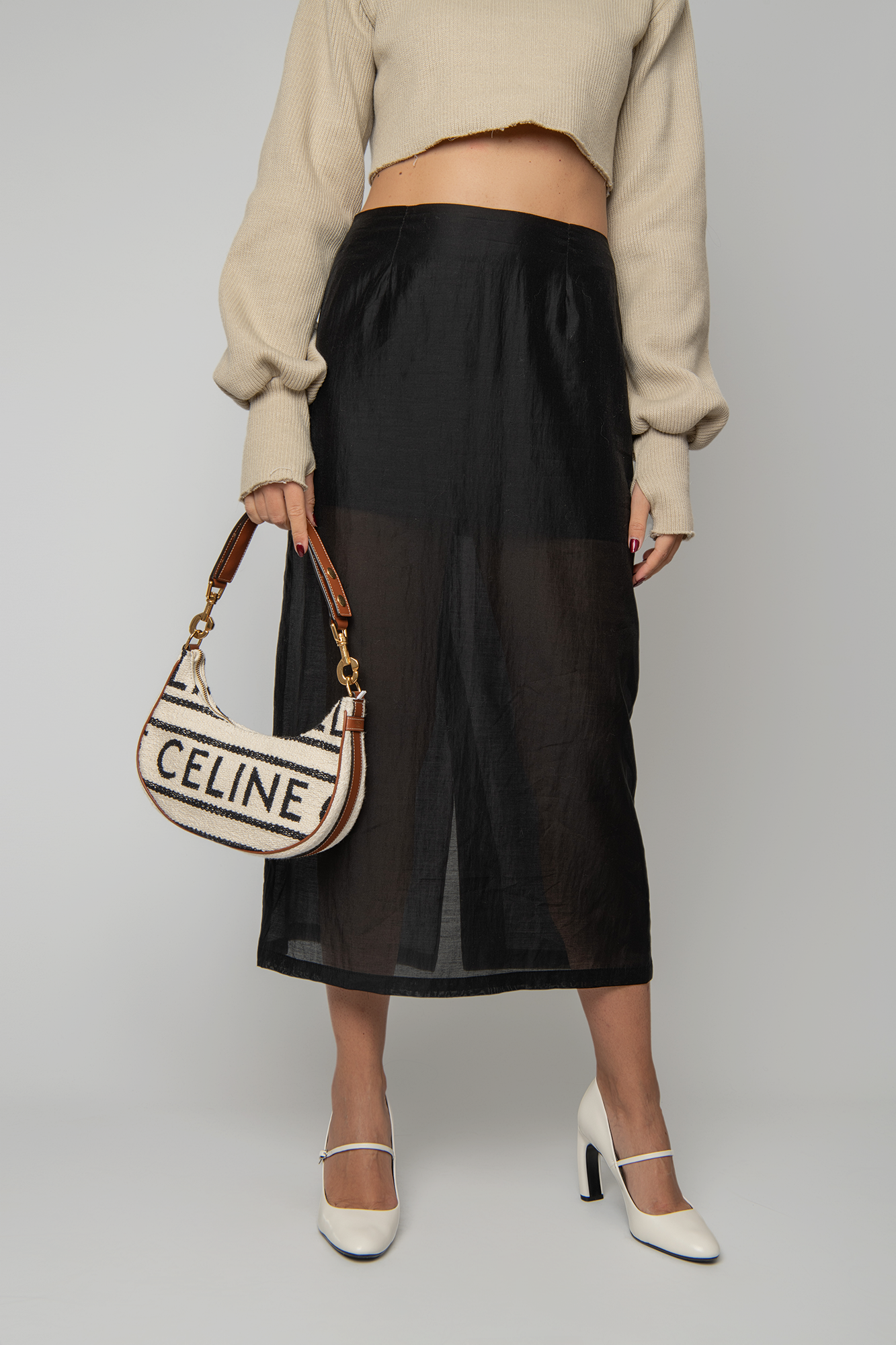 Celine Textile Medium Ava Shoulder Bag White Black