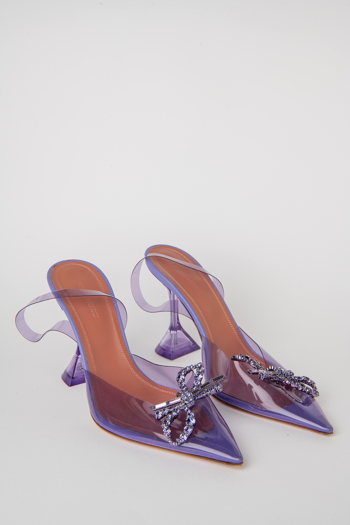 Amina Muaddi Purple Plastic Slingbacks with Crystal Bow