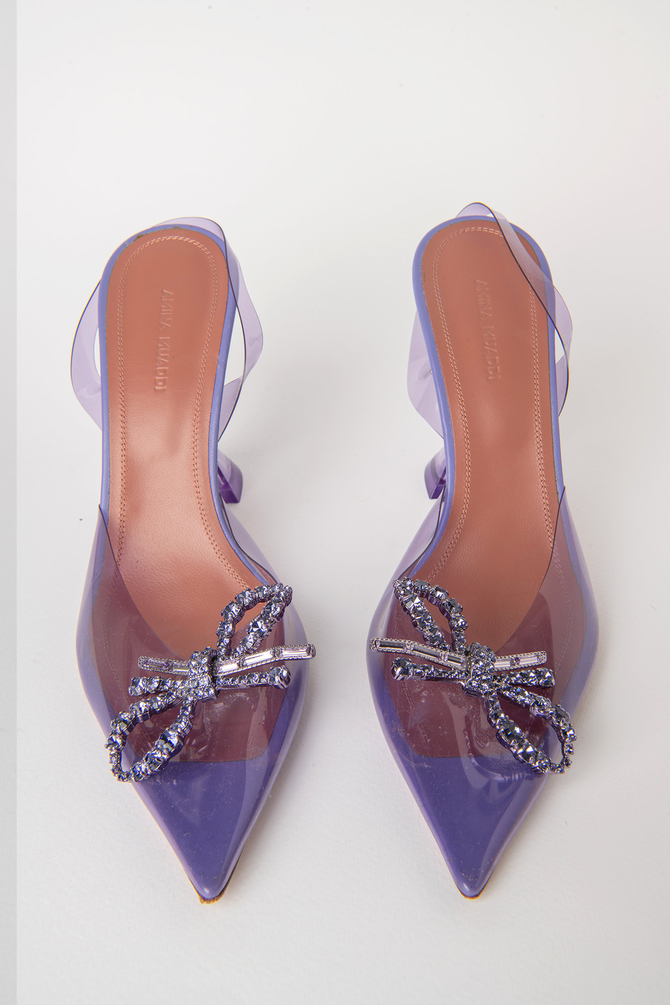 Amina Muaddi Purple Plastic Slingbacks with Crystal Bow