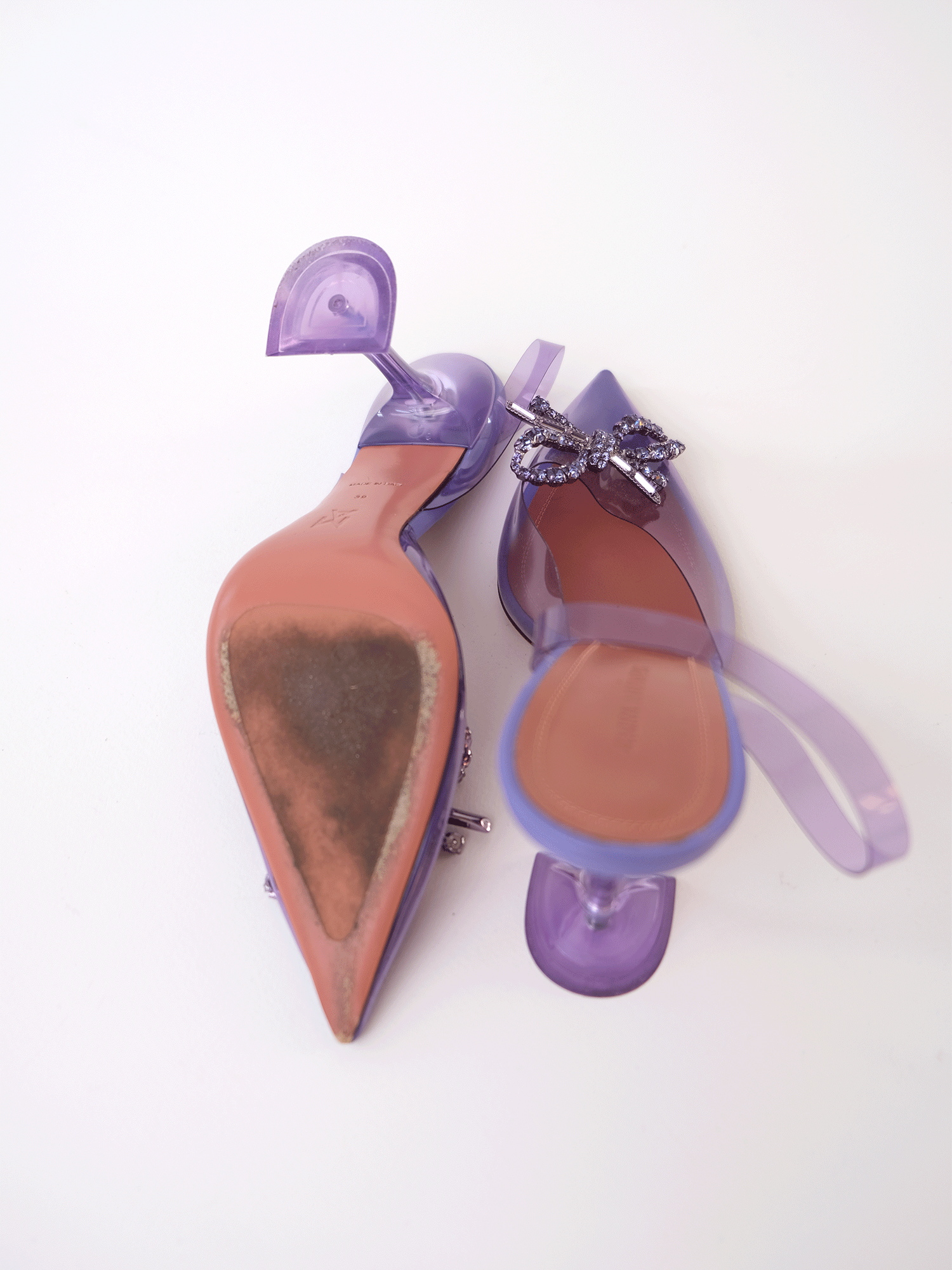 Amina Muaddi Purple Plastic Slingbacks with Crystal Bow