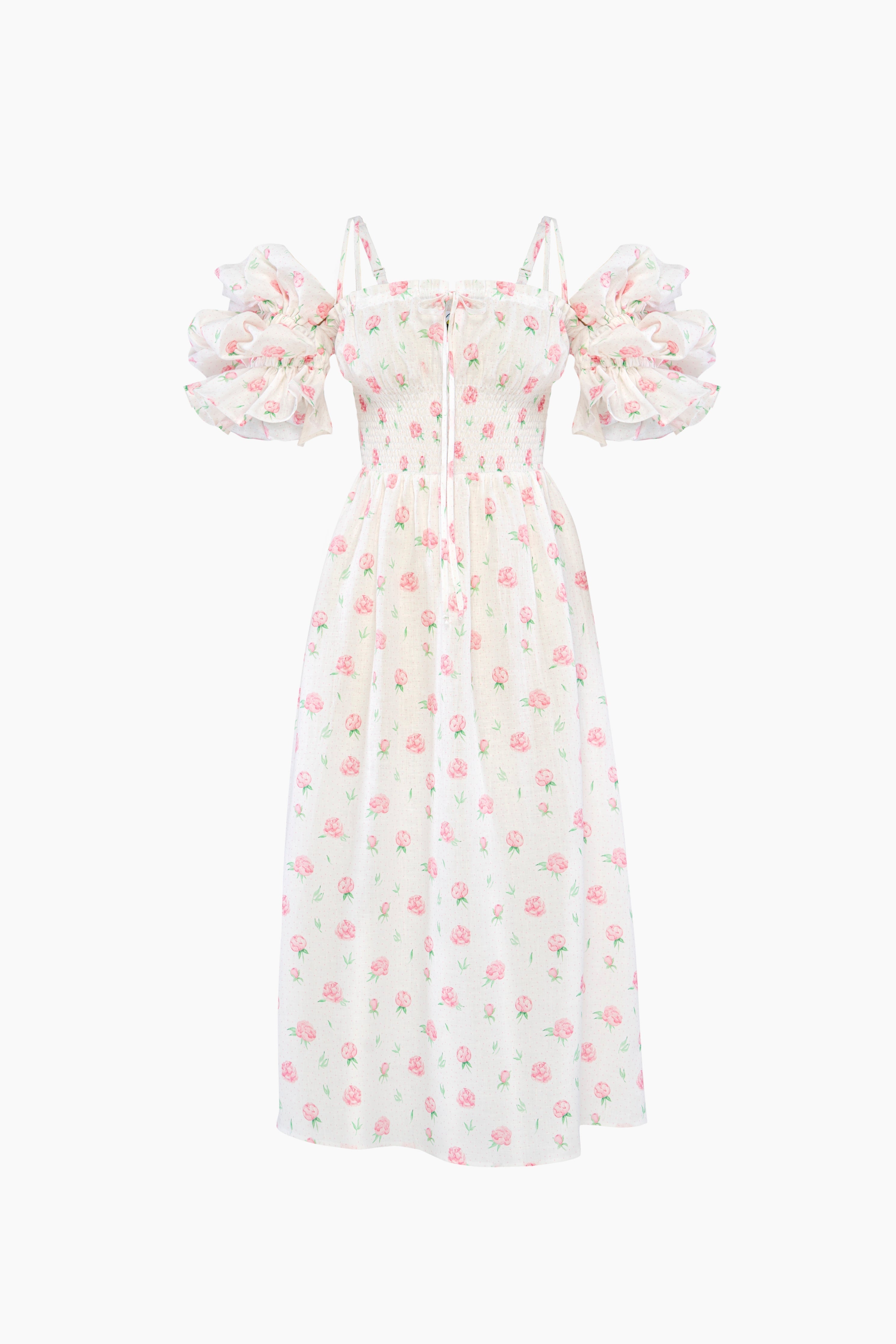 Arle Ruffled Linen Midi Dress in Roses