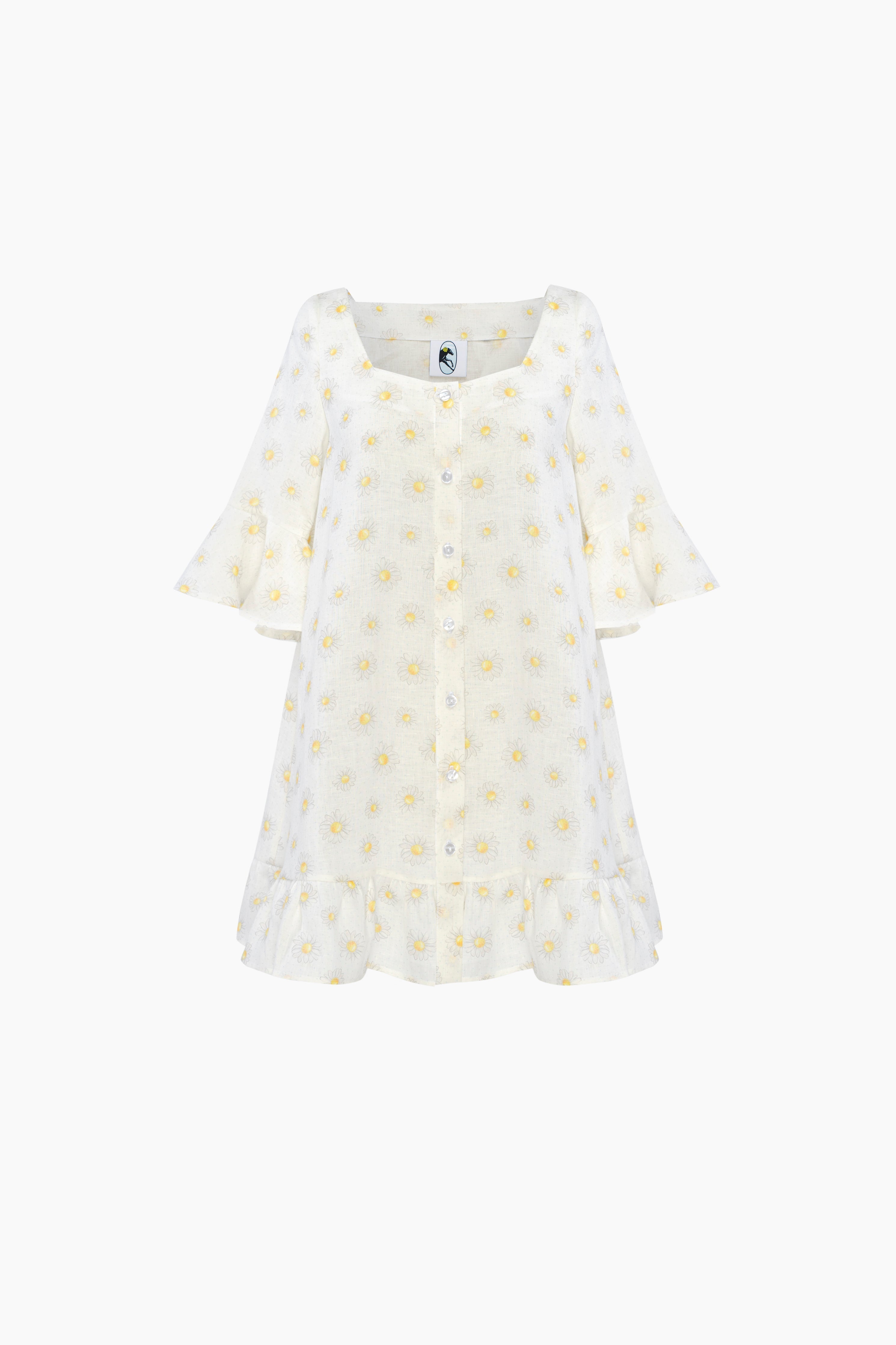 Marseille Linen Mini Dress in Daisies