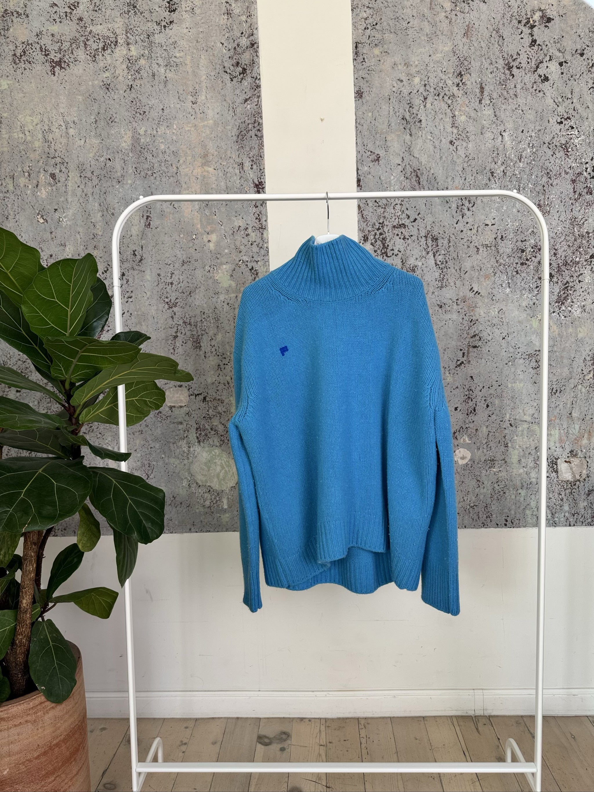 Recycled Cashmere Cowl Neck Mens - Blue Teal - M