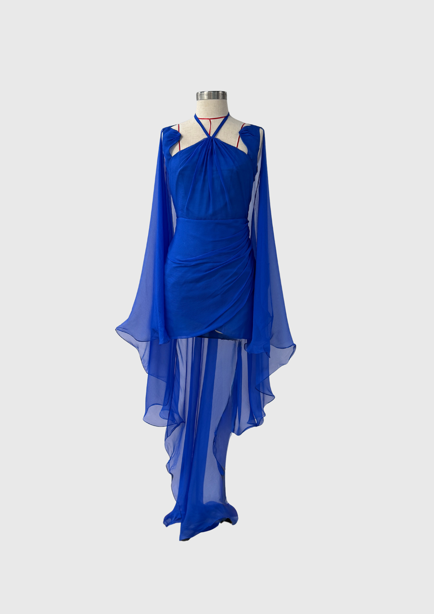 Electric blue silk chiffon dress with star shaped neckline