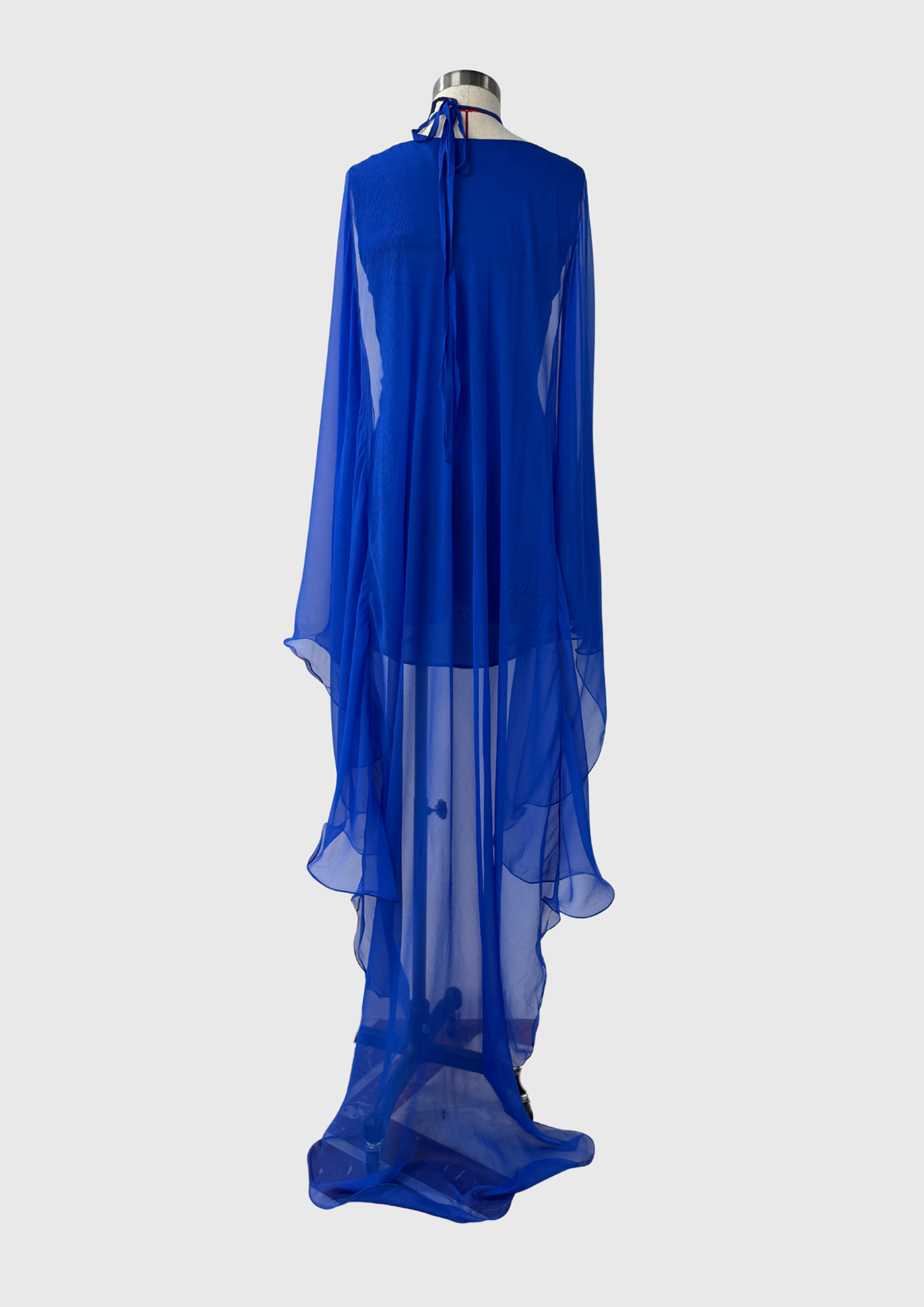 Electric blue silk chiffon dress with star shaped neckline