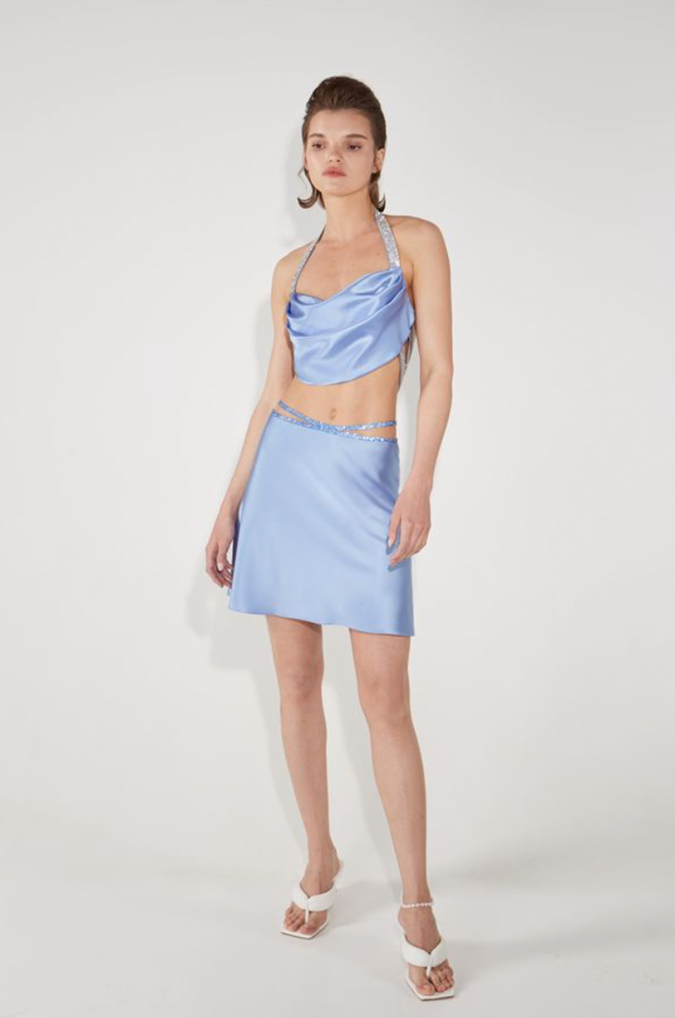 SILK TOP WITH CRYSTAL RIBBONS - Sky Blue