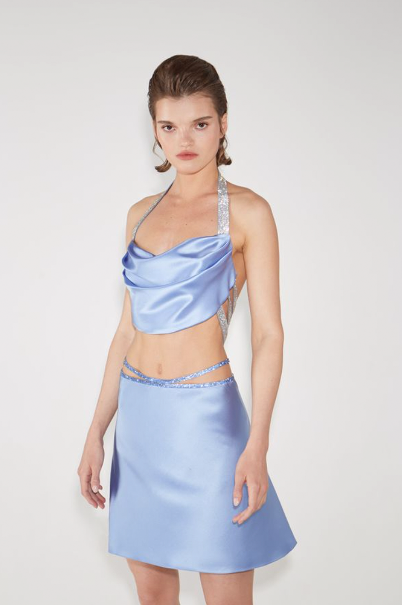 SILK TOP WITH CRYSTAL RIBBONS - Sky Blue