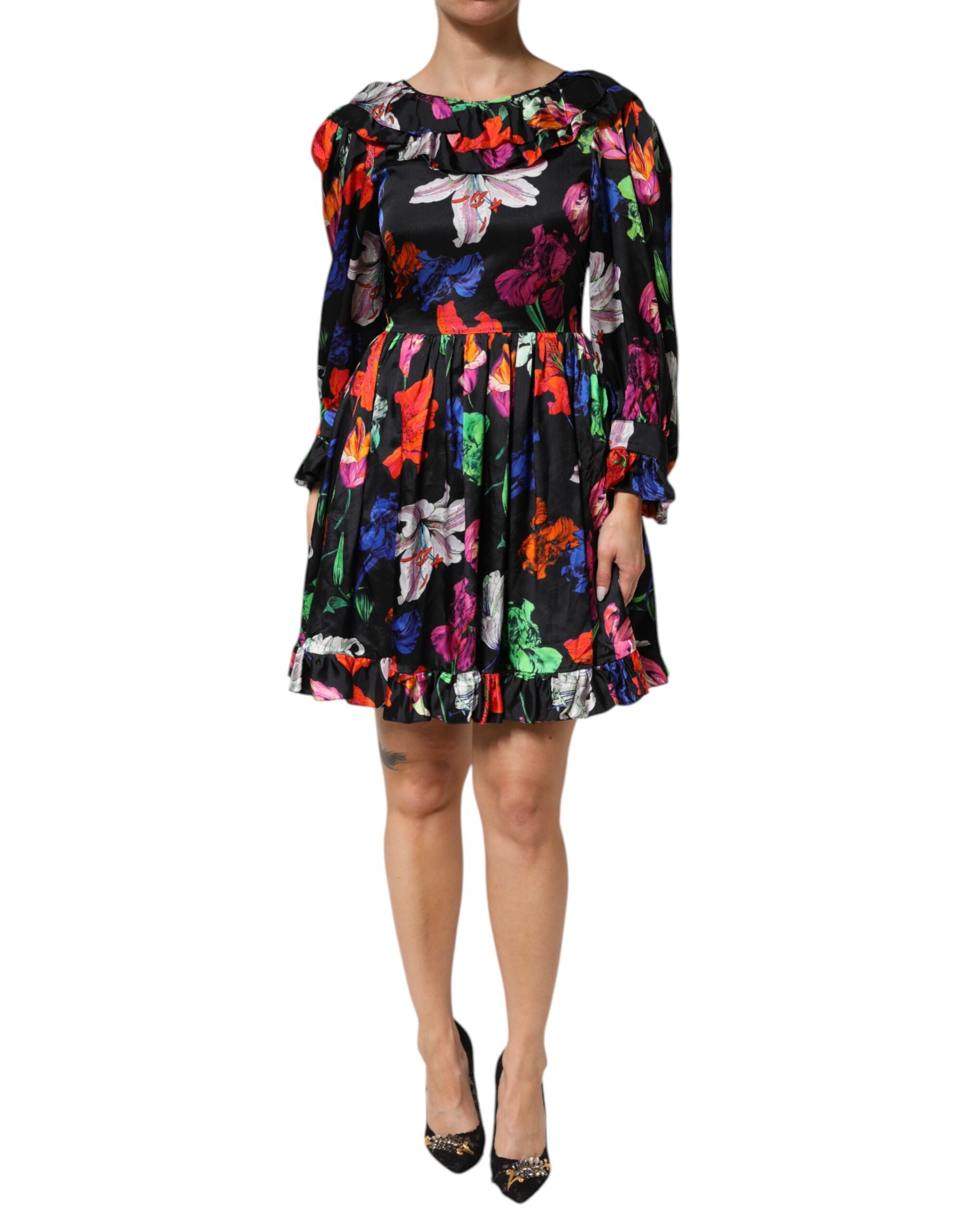 MSGM Dress Black Multicolor Floral Ruffle Long Sleeve Mini Dress