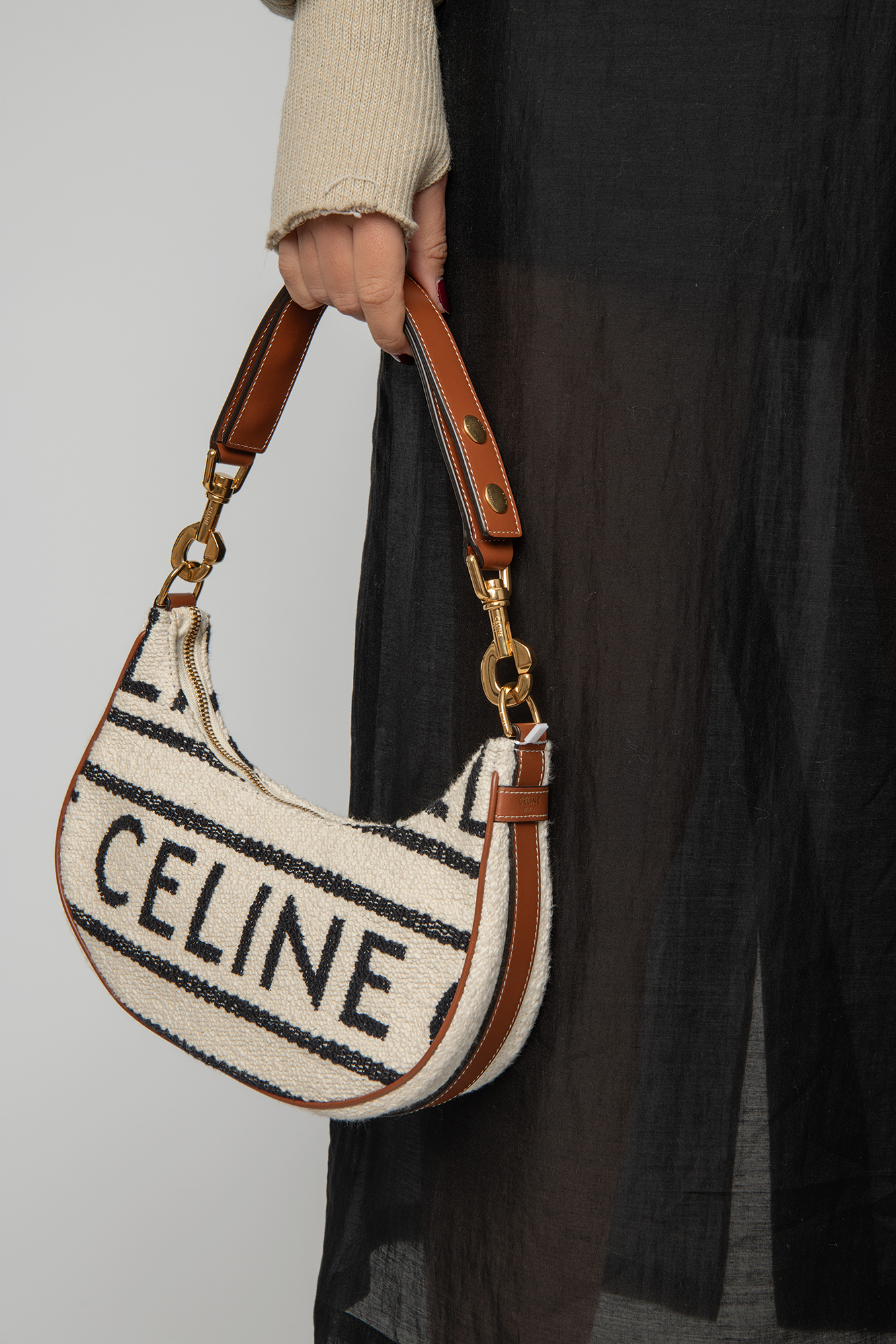 Celine Textile Medium Ava Shoulder Bag White Black