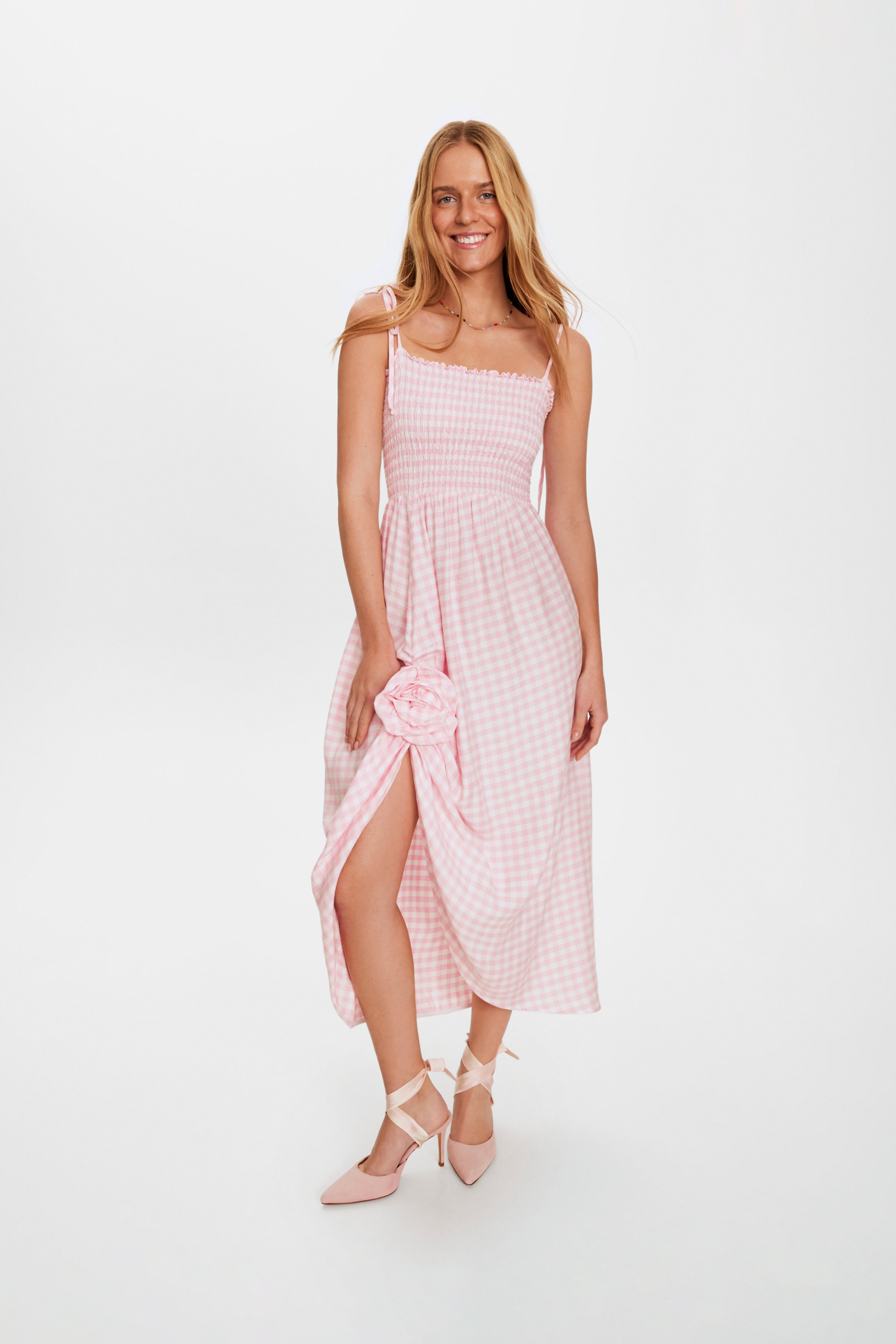 Atlanta Linen Strap Dress with Rose Detail in Pink Vichy