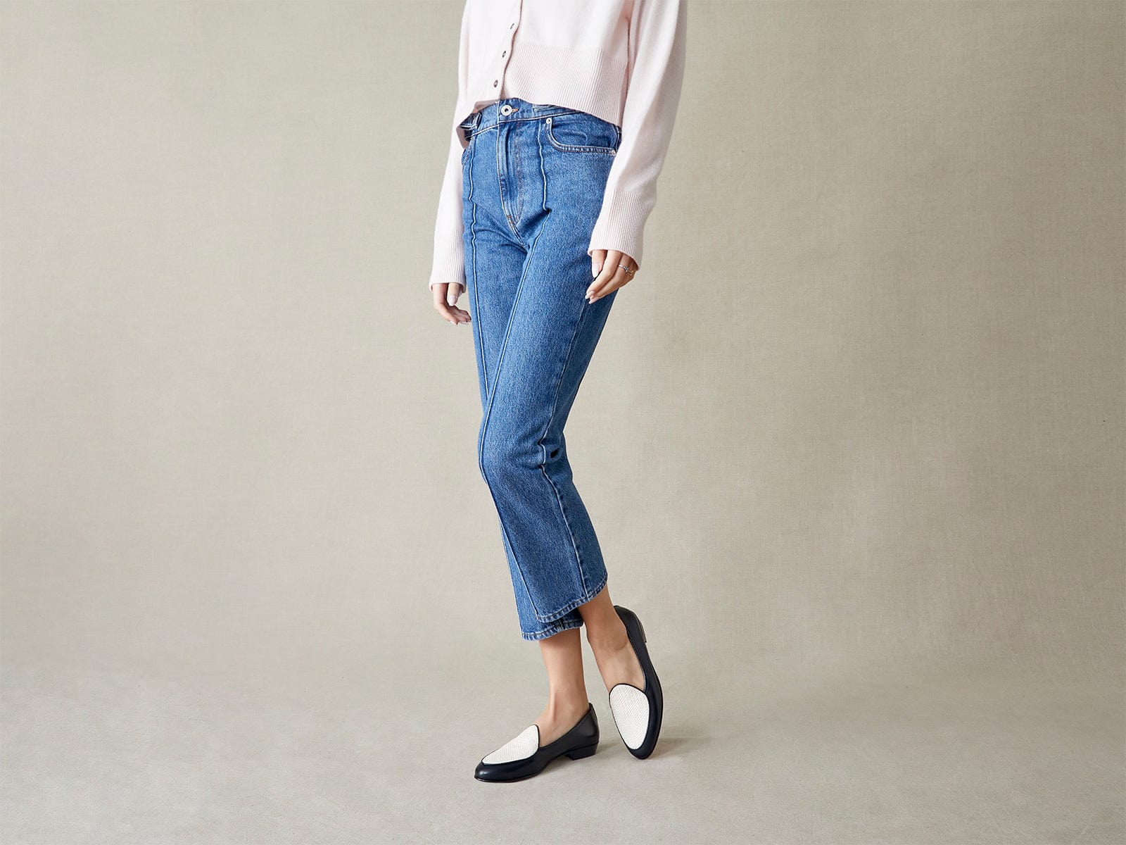 Sagan Loafers in Black Micro Weave and Off White Baby Calf