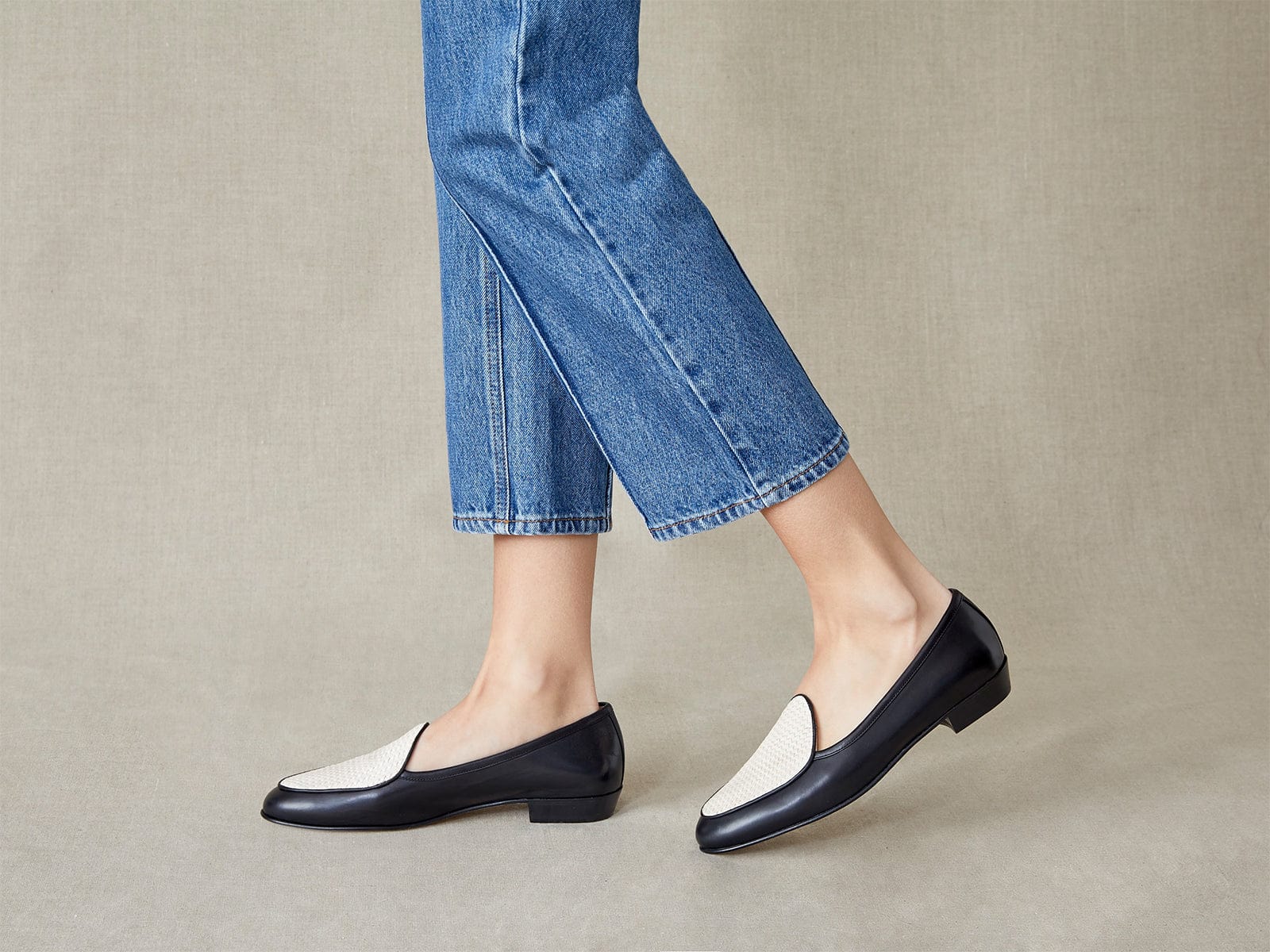 Sagan Loafers in Black Micro Weave and Off White Baby Calf