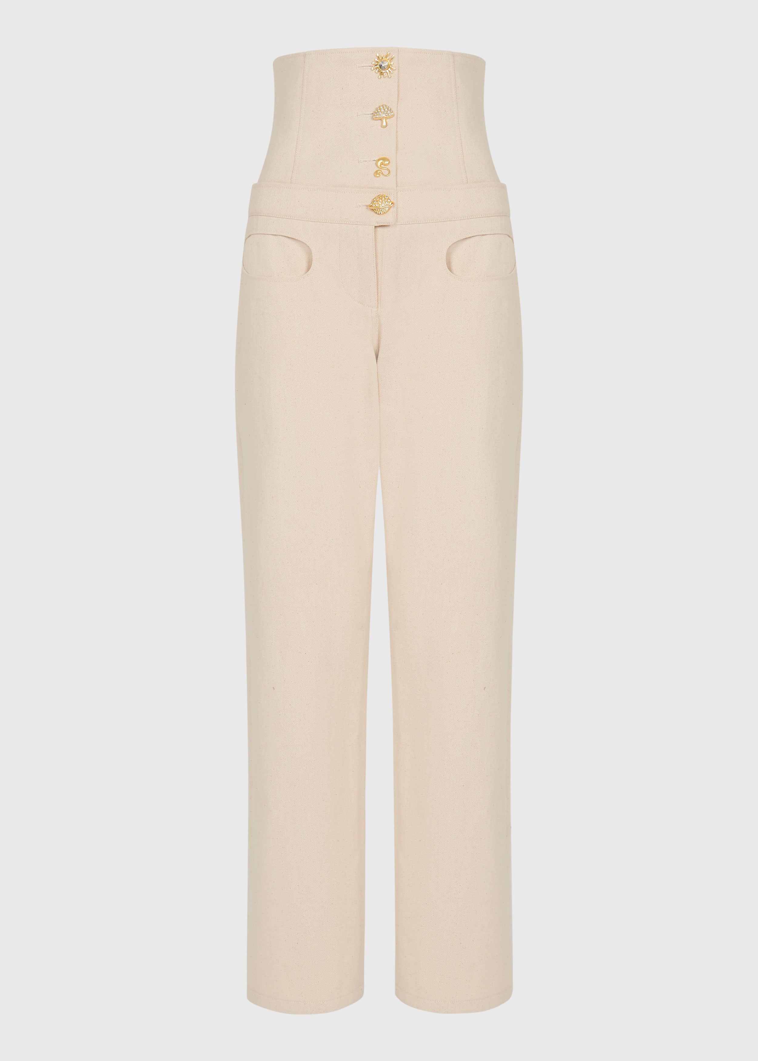 Ivory Pearl Corset Denim Trousers- Cream